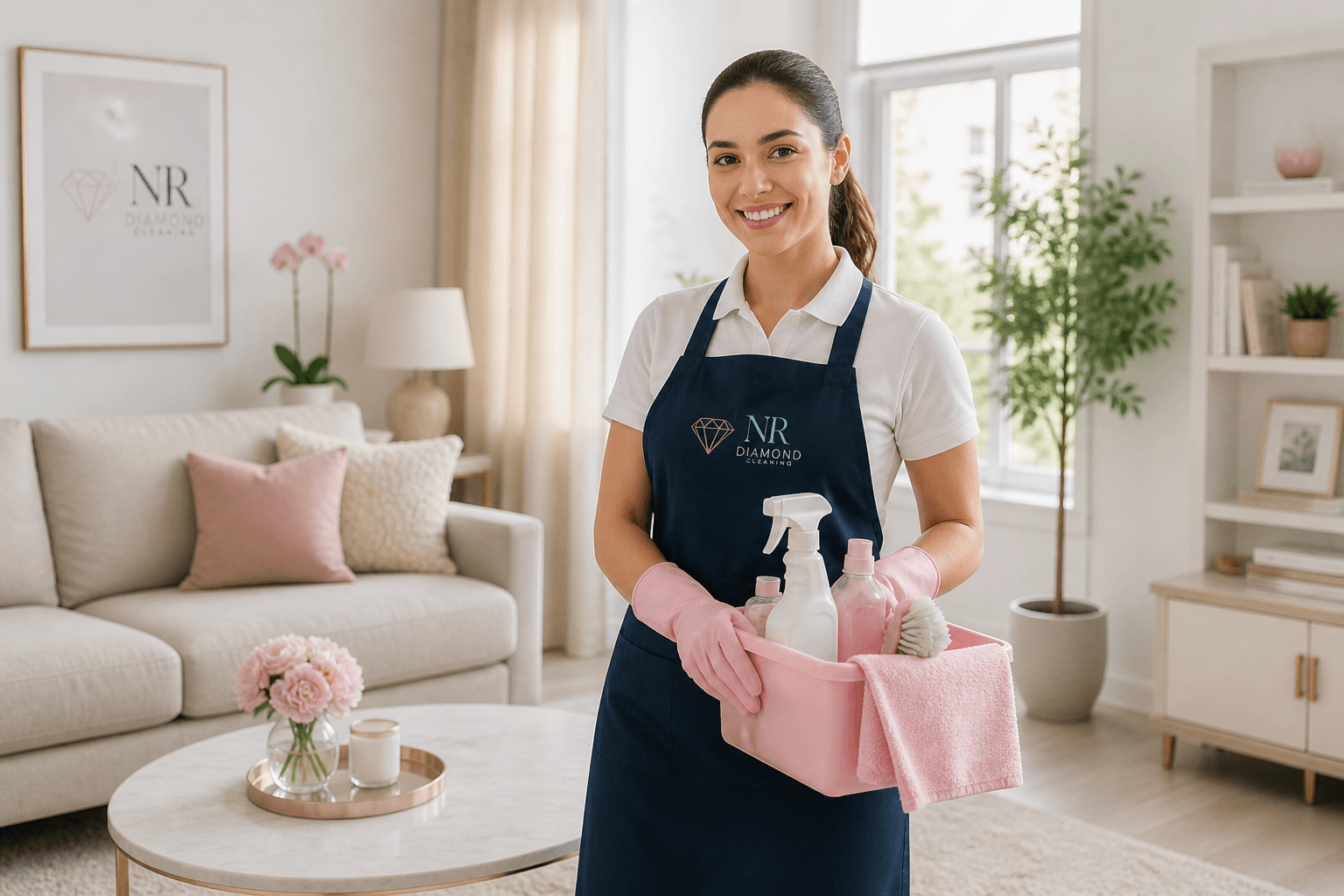 NR Diamond Cleaning professional with supplies in a bright living room
